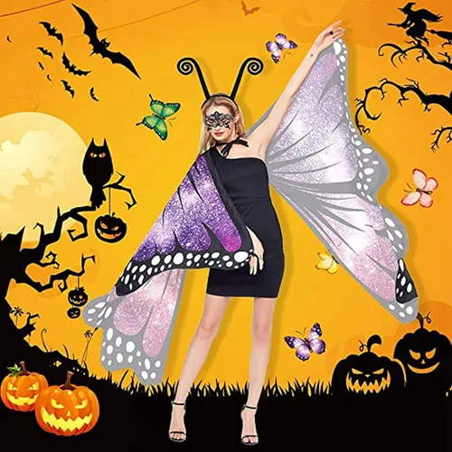 Vista 6 de Alas de mariposa para mujer, disfraz de chal de hada de Halloween, capa para mujer, ala de mariposa, vestido de disfraz elegante