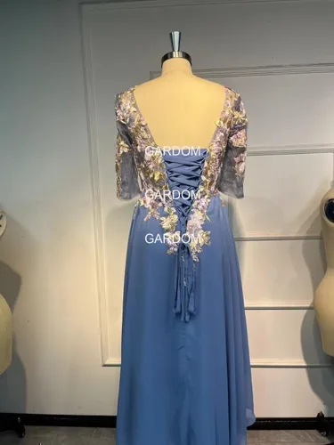 Vista 2 de GARDOM Bordado midi madre de los vestidos de novia para boda té longitud media manga encaje formal vestidos de fiesta de noche