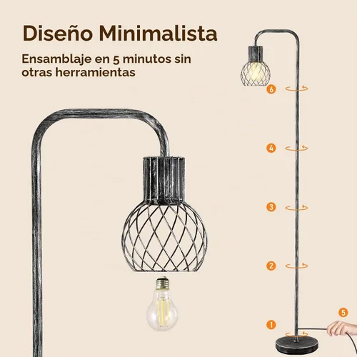 Vista 7 de Lámpara de pie industrial, lámpara de pie plateada antigua moderna con bombilla LED de 6 W, interruptor de pie, lámparas altas de metal para sala