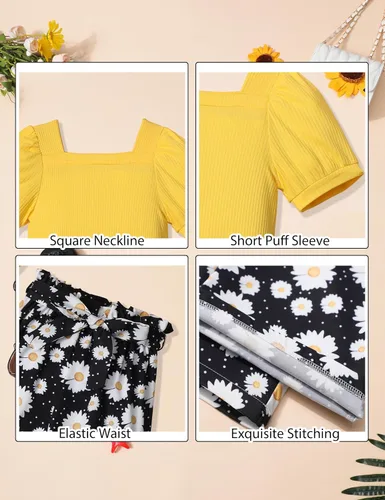 Vista 16 de DONWEN Conjunto de 3 piezas de ropa para niñas pequeñas y niñas con cuello cuadrado + pantalones elegantes + diadema para primavera y verano