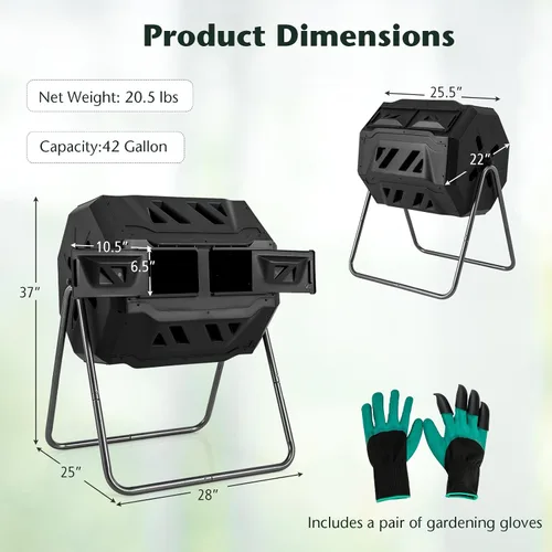 Vista 7 de Goplus Contenedor de compostaje de doble cámara para exteriores de 42 galones con 2 puertas corredizas, marco de metal resistente, compostador Negro