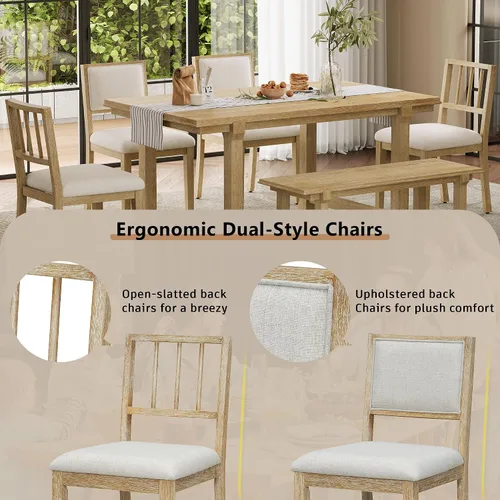 Vista 63 de Juego de mesa de comedor vintage de 6 piezas, juego de mesa de comedor de cocina de madera maciza con 4 sillas ergonómicas acolchadas y banco, mesa