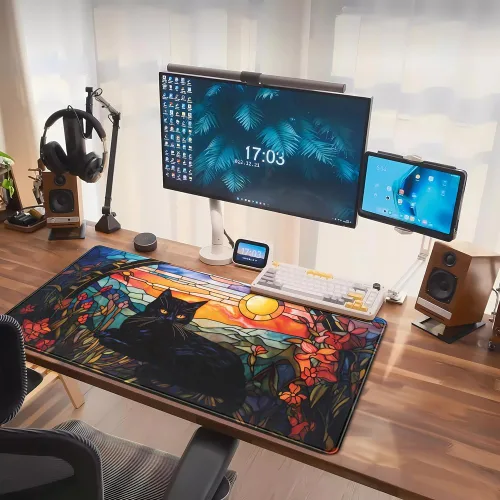 Vista 7 de Tapete de Escritorio de Gato Negro Atardecer Vintage, Alfombrilla de Ratón y Teclado de Escritorio, Alfombrilla de Ratón XXL Grande para Laptop