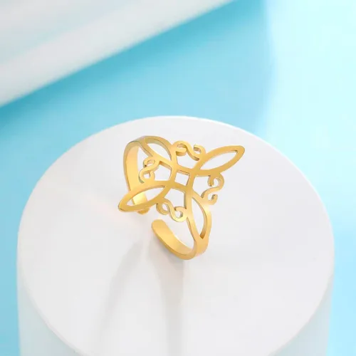 Vista 29 de UNIFT Anillo de nudo de bruja para mujer, de acero inoxidable, estilo geométrico, elegante, elegante, irlandés, nudo celta, ajustable, anillo