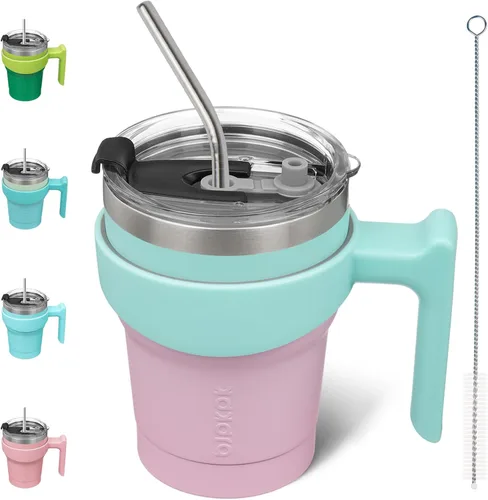 Vista 18 de BJPKPK Mini vaso de 10 onzas con tapa, popote y asa, taza de acero aislada