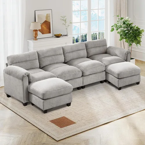Vista 41 de HAOMARKETS Sofá esquinero modular en forma de L de 115 pulgadas con 2 otomanas móviles, sofás de pana de 8 plazas con cojín grueso para sala de Beige