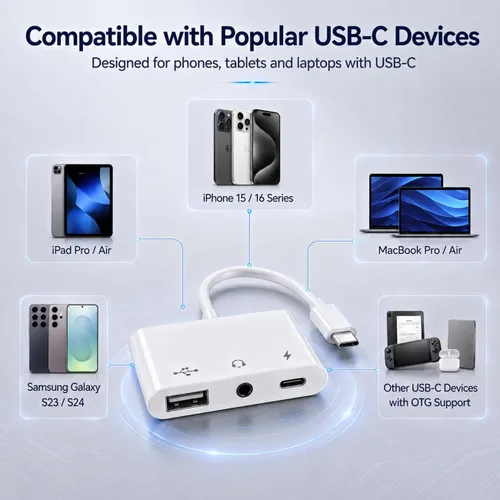 Vista 10 de Adaptador USB C 3 en 1 para iPhone 15 16, adaptador USB C a USB-A OTG con conector para auriculares de 0.1 in y puerto de carga rápida PD, divisor