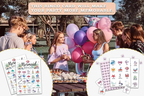 Vista 4 de Ycyfckdr Tarjetas de bingo de sirena, juegos de fiesta de sirena, juego de bingo bajo el mar para adultos, juegos al aire libre