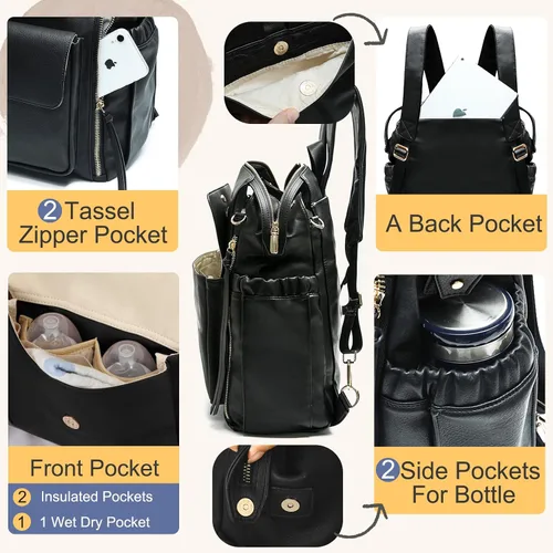 Vista 5 de Miss Fong Mochila de cuero para pañales - Bolsa de pañales para bebé con 13 bolsillos, cambiador, correas para cochecito, 4 bolsillos aislados Negro