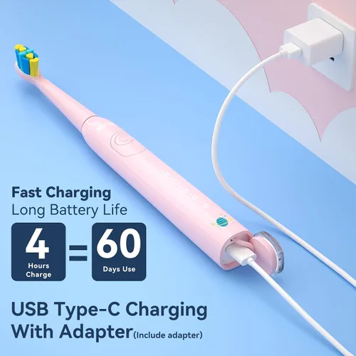 Vista 5 de SEAGO Cepillo de dientes eléctrico para niños, cepillos de dientes recargables de cerdas suaves sónicos con calcomanías de bricolaje, 5 modos