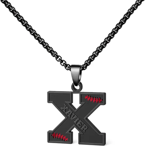 Vista 24 de Ldurian Collar personalizado con nombre de béisbol, cadena negra de acero inoxidable, collar con nombre deportivo, letra A-Z de 24 pulgadas, regalos