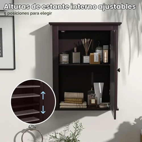 Vista 6 de Botiquín marrón con espejo, almacenamiento ajustable montado en la pared para baño, sala de estar, dormitorio, entrada y cocina