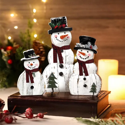 Vista 2 de Barydat 3 piezas de decoración de madera de muñeco de nieve de Navidad, centros de mesa rústicos de muñeco de nieve, letrero de bloque para Navidad
