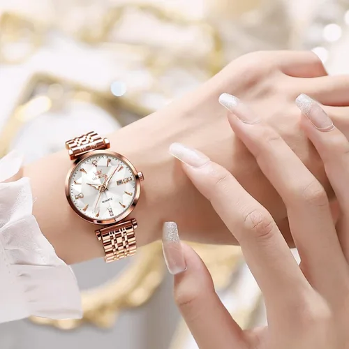 Vista 2 de OLEVS Reloj de mujer con diamantes de lujo, reloj de pulsera de oro rosa, de acero inoxidable, luminoso, impermeable, con fecha