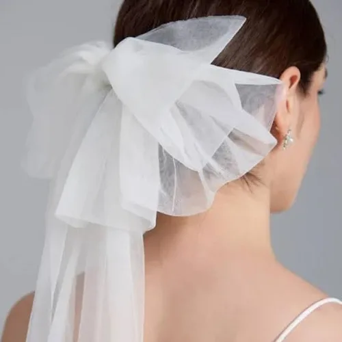 Vista 3 de Cliory White Hair Bow Veil Bridal Hair Bow Veil Short Bridal Veil White Tulle Veil Bride Veil Clip Bachelorette Party Hair Veil Accessories for