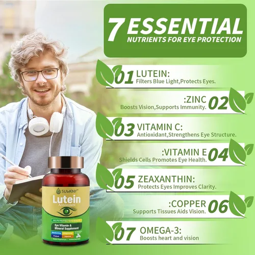 Vista 4 de Suplemento de vitaminas oculares de luteína para adultos, 90 cápsulas, apoya la salud ocular con zeaxantina, zinc, vitaminas C y E, fórmula vegana