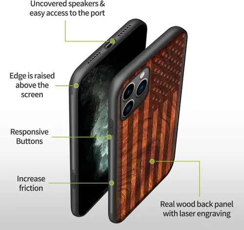 Vista 9 de Carveit Funda de madera para iPhone 11 Pro Max [madera real dura y TPU suave negro] a prueba de golpes, protector de teléfono de madera único