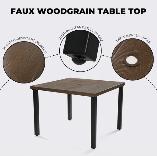 Vista 5 de Juego de comedor al aire libre Grand Patio de 5 piezas para 4, sillas de patio fijas de mimbre tejido metálico con cojines engrosados y 1 mesa