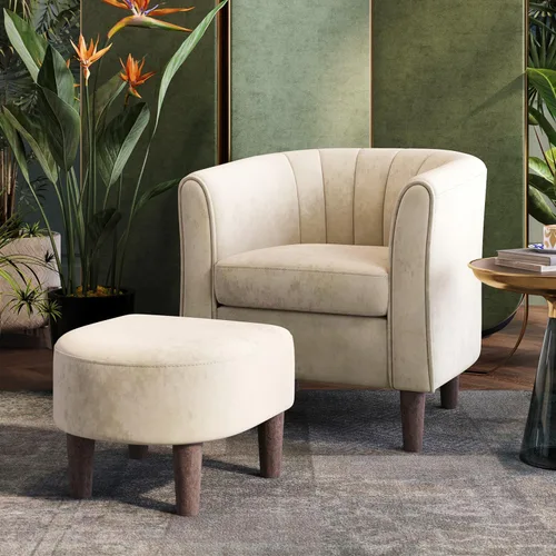 Vista 7 de LINSY Silla decorativa con otomana, moderna silla de barril pequeña, silla de lectura con reposapiés, cómoda silla con brazos redondos para sala