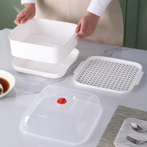 Vista 3 de Vaporera de microondas con tapa y bandeja, vaporera de verduras para tazón de microondas, utensilios de cocina aptos para microondas (2 niveles)