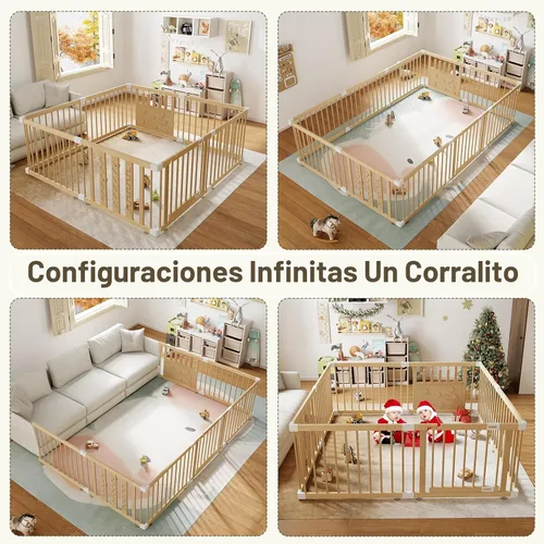 Vista 6 de Parque infantil de madera para bebés con puerta de seguridad, patio grande de 64 "x 64" para bebés Natural Pine Wood Playpen with Built-in Toys