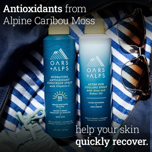 Vista 4 de Oars + Alps Spray After Sun Care con aloe vera, aceite de kukui y aroma de niacinamida y té verde para refrescar naturalmente la piel, hidratante