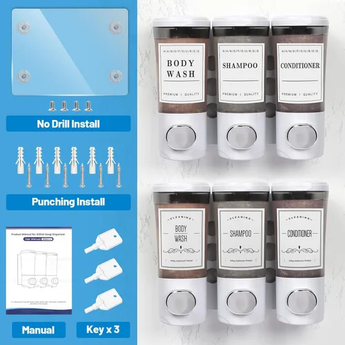 Vista 7 de Dispensador de champú y acondicionador de 15.2 fl oz x 3, dispensador de ducha de 3 cámaras sin taladro, dispensador de jabón de ducha montado
