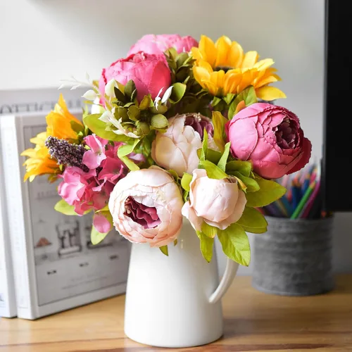 Vista 3 de FiveSeasonStuff ''Country Cottage'' - Ramo de flores artificiales de peonías y girasoles rosa seda