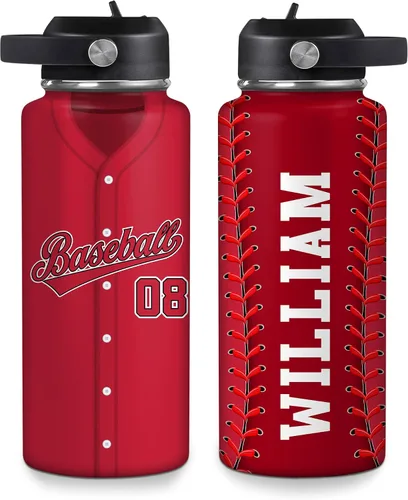 Vista 29 de Hyturtle Botella de agua de béisbol personalizada, botella de acero inoxidable aislada de viaje con tapa a prueba de fugas, 18 onzas, 32 onzas
