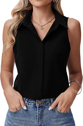 Vista 12 de HOTOUCH Camisas sin mangas con botones ocultos para mujer, frente con botones ocultos, cuello, blusas casuales elegantes holgadas para oficina
