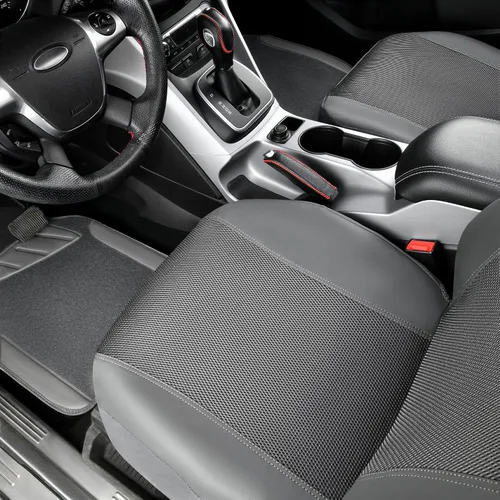 Vista 3 de CAR PASS Juego completo de fundas de asiento de automóvil de malla de aire 3D y 4 alfombrillas impermeables para piso de automóvil con esponja Gris