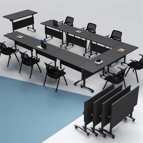 Vista 17 de Paquete de 4 mesas de conferencias plegables, mesa de entrenamiento móvil Walnut 1
