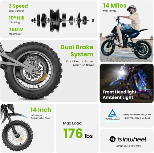 Vista 2 de isinwheel Bicicleta de cross eléctrica A14 de 36 V, 500 W, para niños de 5 Azul oscuro (500W)