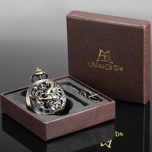 Vista 7 de ManChDa Reloj de bolsillo mecánico de esqueleto antiguo para hombre Dragon Hollow Hunter con cadena y caja, Mecánico