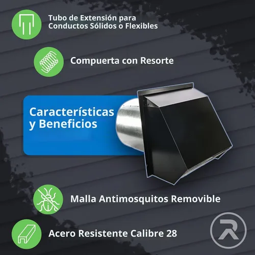 Vista 4 de RDP Ventilación de pared con capucha con rejilla y compuerta (8 pulgadas, galvanizado)