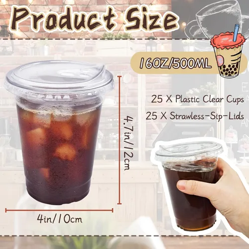 Vista 2 de Qinsihwn 16 oz Vasos de plástico transparentes con tapas sin paja, 25 juegos de vasos de plástico con tapas para beber, vasos desechables para café