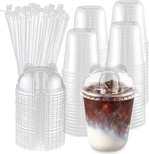 Vista 6 de Qsqwsuye 50 juegos de vasos desechables transparentes de plástico de 12 oz con tapas y popotes de panda, diseño fácil de agarrar, adecuado para café