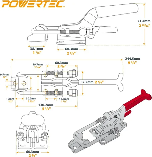Vista 6 de POWERTEC Abrazadera de palanca de 4 unidades, capacidad de 2000 libras, 40341 con bloqueo automático en U, cierre ajustable con agarre