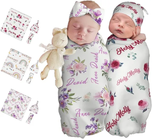 Vista 11 de Juego de manta personalizada para bebé con diadema acogedora y sombrero para niñas y niños recién nacidos, manta personalizada con nombre de bebé