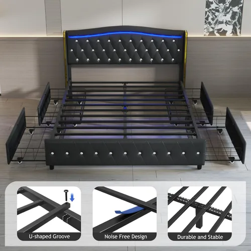 Vista 8 de E-Motie Base de cama tamaño completo con cabecera tipo wingback, plataforma tapizada con luces LED RGB, estación de carga, 4 cajones