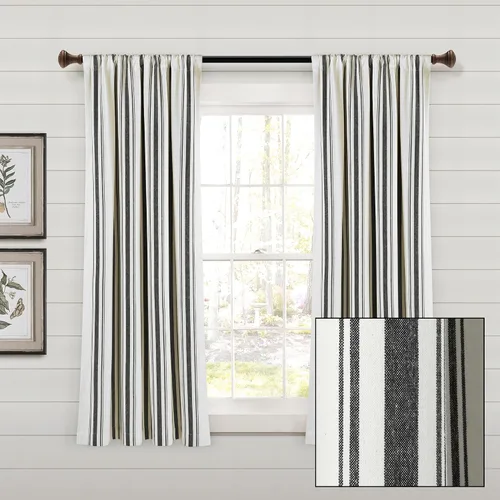 Vista 6 de Lush Decor Farmhouse Stripe - Par de paneles de cortinas de ventana de algodón reciclado ecológico teñido en hilo a rayas, 42" A x 63" L, Negro