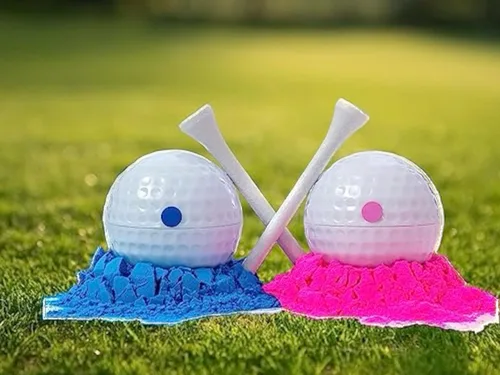 Vista 2 de Pelotas de golf para fiesta de revelación de género, 1 bola rosa rellena de polvo y 1 bola azul, sorpresa para bebé niño o niña, juego de golf