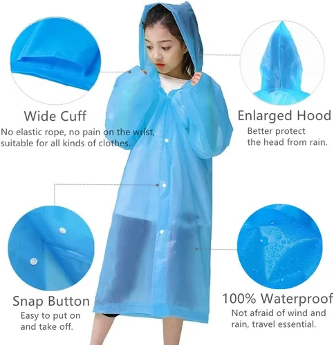 Vista 3 de Poncho de lluvia para niños, impermeable reutilizable de EVA para niños de 6 a 13 años, chaquetas impermeables con capucha