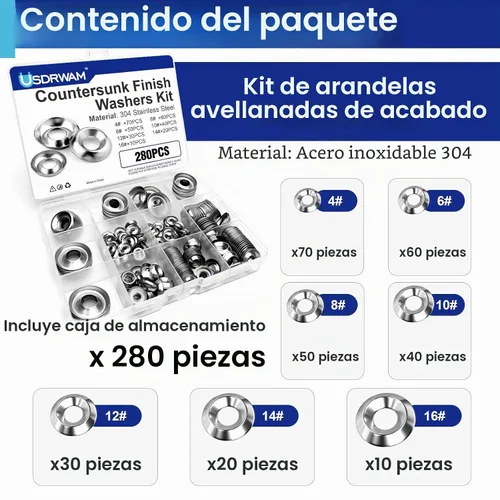 Vista 3 de Surtido de 280 arandelas con acabado avellanado, 7 tamaños SS