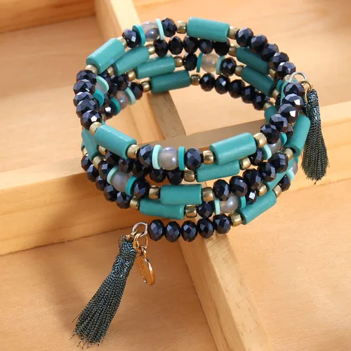 Vista 3 de Coiris Pulseras de declaración de cuentas de múltiples hebras pulseras versátiles Boho encanto borla apilable cuentas pulseras elásticas de cuerda
