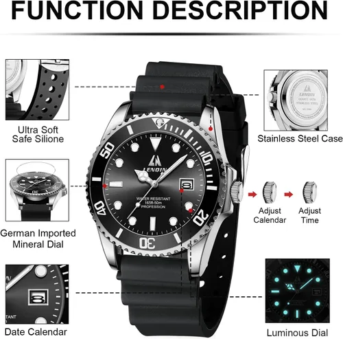 Vista 6 de LN LENQIN Relojes para hombre, reloj impermeable de acero inoxidable para A5-LN-0548-Plata Negro