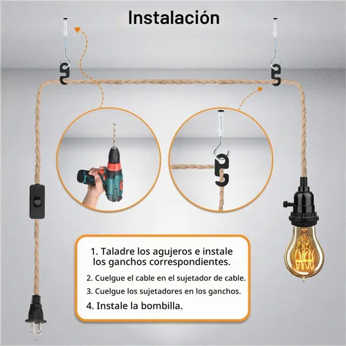 Vista 5 de Kit de luces colgantes de 16.5 pies, luces colgantes con cable de enchufe e interruptor, lámpara colgante de cuerda de cáñamo E26, cable de linterna