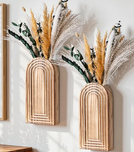 Vista 14 de DREAMLOOM Paquete de 2 jarrones de pared de madera con plantas artificiales de eucalipto, macetas para colgar en la pared, estilo bohemio y moderno