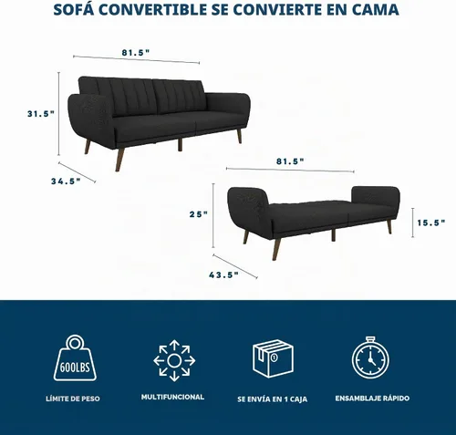 Vista 3 de Novogratz Brittany - Sofá cama tipo futón de 82 pulgadas de piel sintética, tapizado con respaldo copetudo, diseño moderno de mediados de siglo
