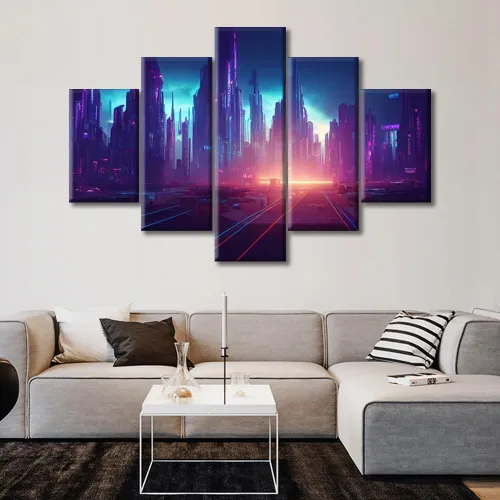 Vista 120 de Cuadros de 5 paneles de Cyberpunk City, arte de pared, representación de vallas publicitarias, edificios modernos en la capital con obras de arte